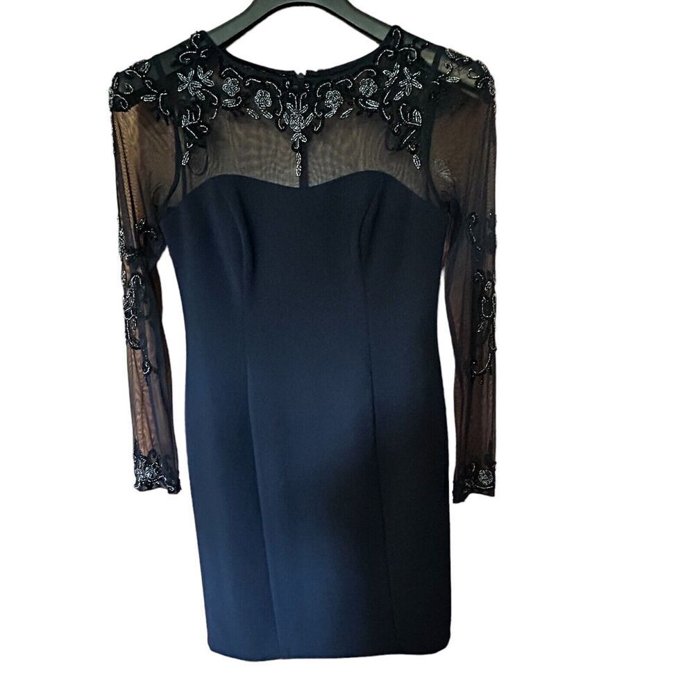 MARINA Women’s Navy Beaded Long Sleeve Sheath Lined Cocktail Wedding Dress 6 - Picture 4 of 14